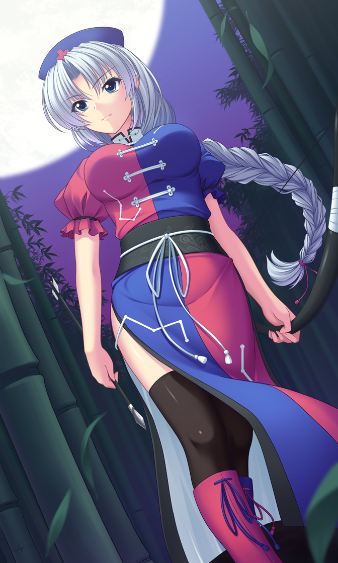 arrow athrun1120 bamboo bamboo_forest blue_eyes boots bow_(weapon) braid dress dutch_angle forest from_below full_moon hat long_braid long_hair moon nature night obi sash side_slit silver_hair smile solo tassel thighhighs touhou walking weapon yagokoro_eirin
