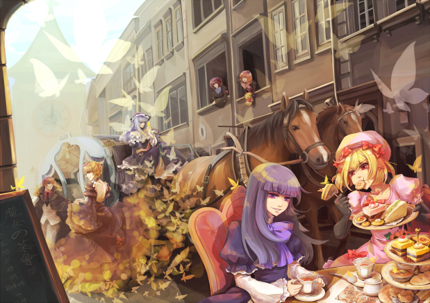 6+girls beatrice black_gloves black_tea bug butterfly cake carriage chair chalkboard cup day eating food form frederica_bernkastel gloves hat horse insect lambdadelta menu_board mob_cap mouth_hold multiple_girls outdoors pastry pink_hat plate red13 sakutarou table tea teacup tiered_tray umineko_no_naku_koro_ni ushiromiya_ange ushiromiya_battler ushiromiya_maria virgilia window