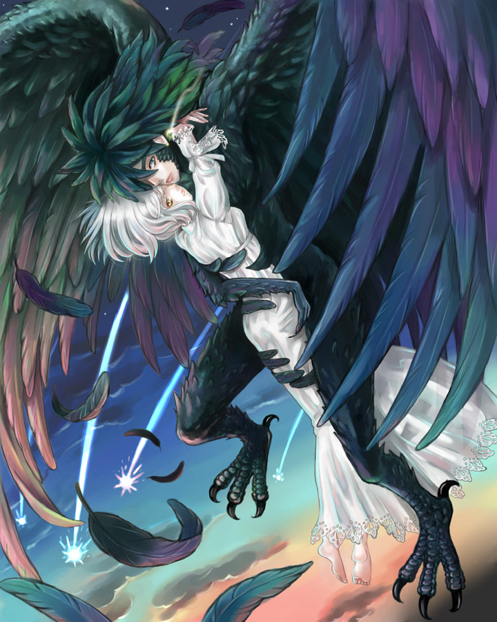 1girl 29tarou arms_around_neck bangs barefoot closed_mouth cloud couple dress feathers flying green_eyes head_to_head hetero howl_(howl_no_ugoku_shiro) howl_no_ugoku_shiro hug lace lace-trimmed_dress lace-trimmed_sleeves long_sleeves looking_at_viewer looking_away midair monster_boy nightgown one_eye_covered outdoors parted_lips plantar_flexion shooting_star silver_hair sky sophie_(howl_no_ugoku_shiro) twilight white_dress white_hair wings yellow_eyes