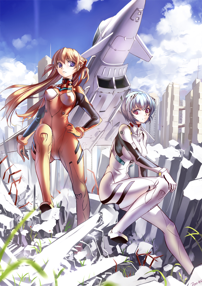 aircraft airplane ayanami_rei blue_hair bodysuit brown_hair ef_typhoon hand_on_hip jet long_hair miyazaki_byou multiple_girls neon_genesis_evangelion plugsuit ruins short_hair sitting souryuu_asuka_langley white_bodysuit