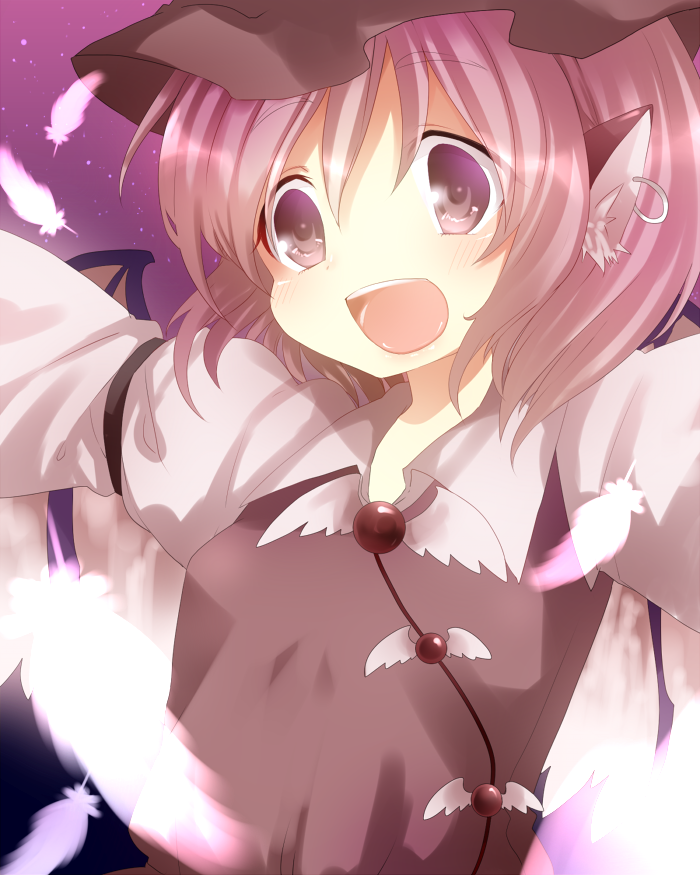 :d amaya_enaka animal_ears bad_id bad_pixiv_id close-up earrings feathers happy hat jewelry mystia_lorelei open_mouth outstretched_arms pink_hair purple_eyes short_hair smile solo spread_arms touhou wings