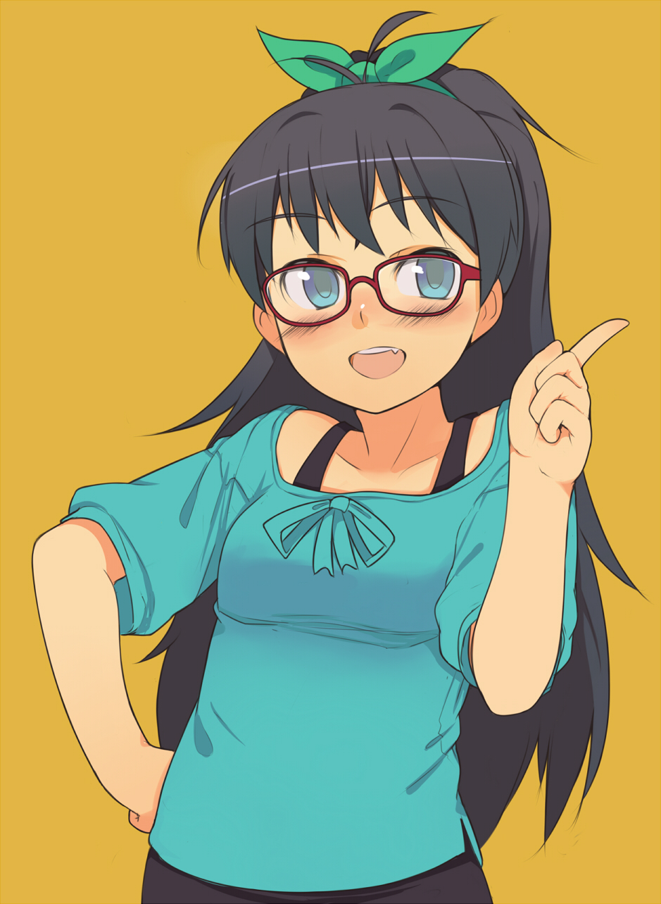 :d bespectacled black_hair blue_eyes blush bow fang ganaha_hibiki glasses hair_bow hand_on_hip highres idolmaster idolmaster_(classic) open_mouth oza_watto ponytail red-framed_eyewear simple_background smile solo