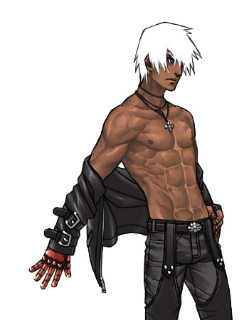 1boy abs dark_skin k' k' king_of_fighters lowres male male_focus muscle snk solo topless white_hair yorozu