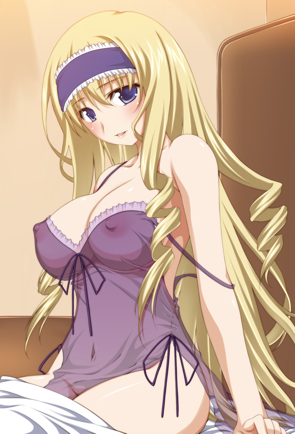 babydoll bad_id bad_pixiv_id big_wednesday blonde_hair blue_eyes blush breasts cecilia_alcott cleavage covered_nipples drill_hair hairband highres infinite_stratos large_breasts long_hair nipples no_panties see-through sitting solo strap_slip very_long_hair