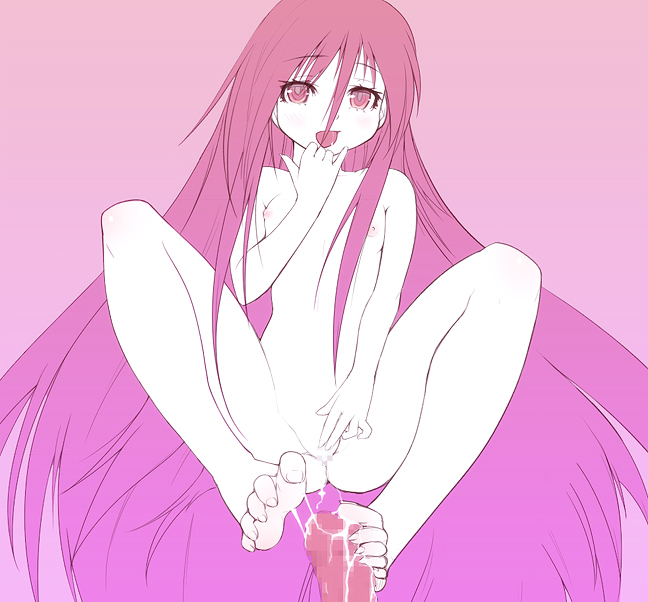 barefoot censored cum feet flat_chest footjob long_hair mahito masturbation monochrome nipples nude original penis pink pink_eyes solo_focus spread_legs very_long_hair