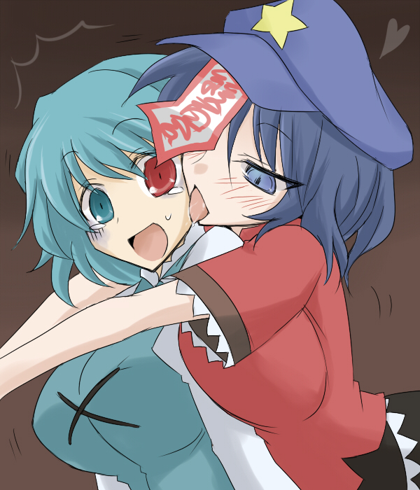 blue_eyes blue_hair blush breast_press breasts breasts_on_back hat heart heterochromia hug hug_from_behind jiangshi large_breasts licking miyako_yoshika multiple_girls ofuda open_mouth oro_(zetsubou_girl) outstretched_arms red_eyes role_reversal short_hair star tatara_kogasa tears tongue touhou zombie_pose