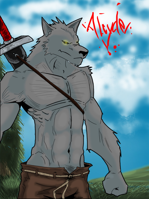cloud clouds glowing_eyes grass lonelion4ever looking_at_viewer male muscles pants solo sword topless weapon
