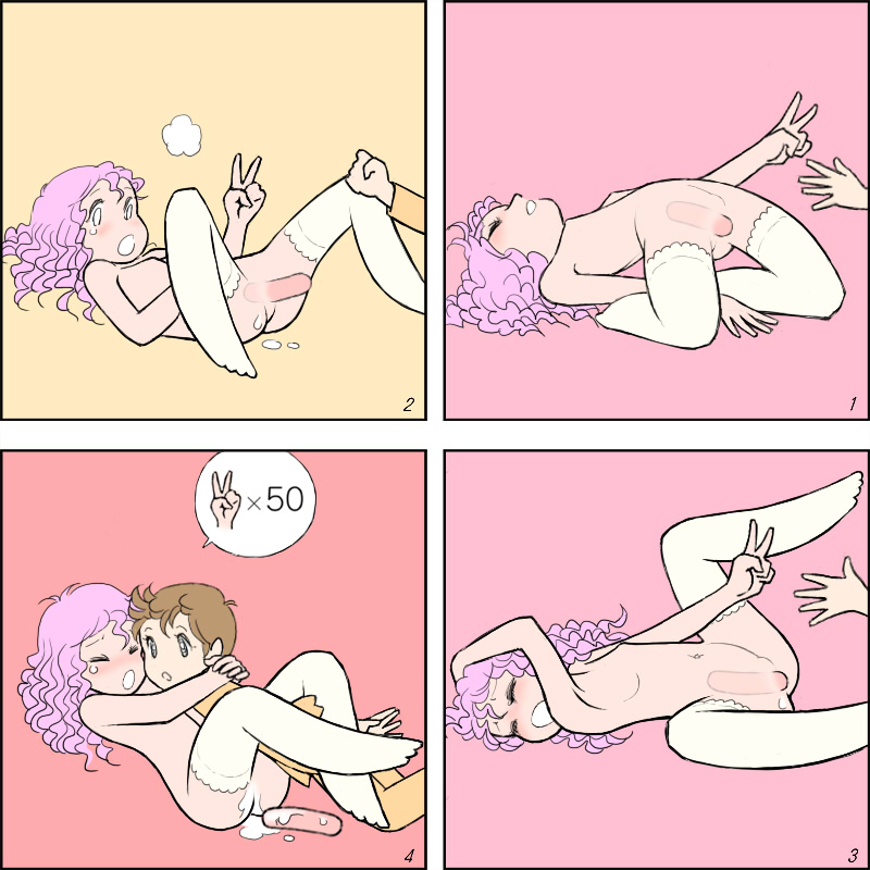 4koma blush breasts brown_hair comic cote dildo endured_face eyes_closed insertion jankenpon nude object_insertion open_mouth pink_hair pussy pussy_juice rock_paper_scissors small_breasts tears thighhighs vibrator x-ray