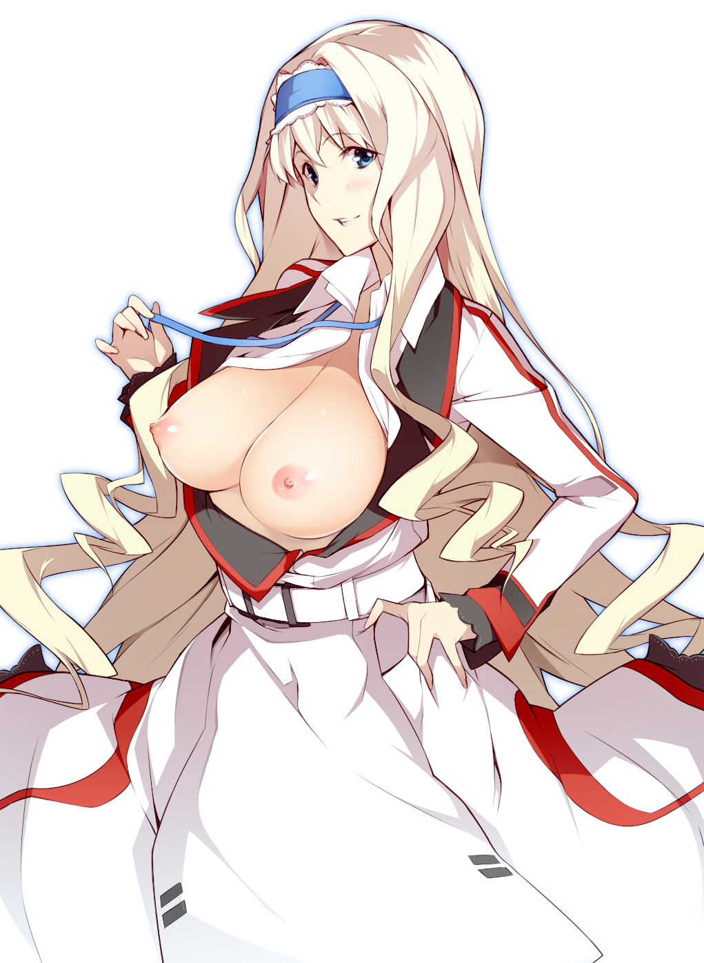 :d bad_id bad_pixiv_id blonde_hair blue_eyes blue_hairband blush breasts cecilia_alcott curly_hair dress hair_ornament hairband hand_on_hip highres infinite_stratos large_breasts long_hair nanao_(mahaya) nipples no_bra open_mouth ribbon simple_background smile solo teeth uniform very_long_hair
