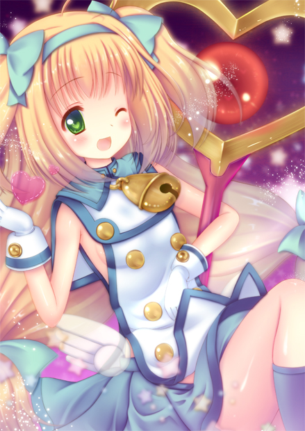;d bad_id bad_pixiv_id bell blazblue blonde_hair blue_legwear blush bow gloves green_eyes hairband heart heart-shaped_pupils kneehighs long_hair low-tied_long_hair macaron-mou muchourin one_eye_closed open_mouth platinum_the_trinity quad_tails ribbon skirt smile solo symbol-shaped_pupils two_side_up wand white_gloves wings