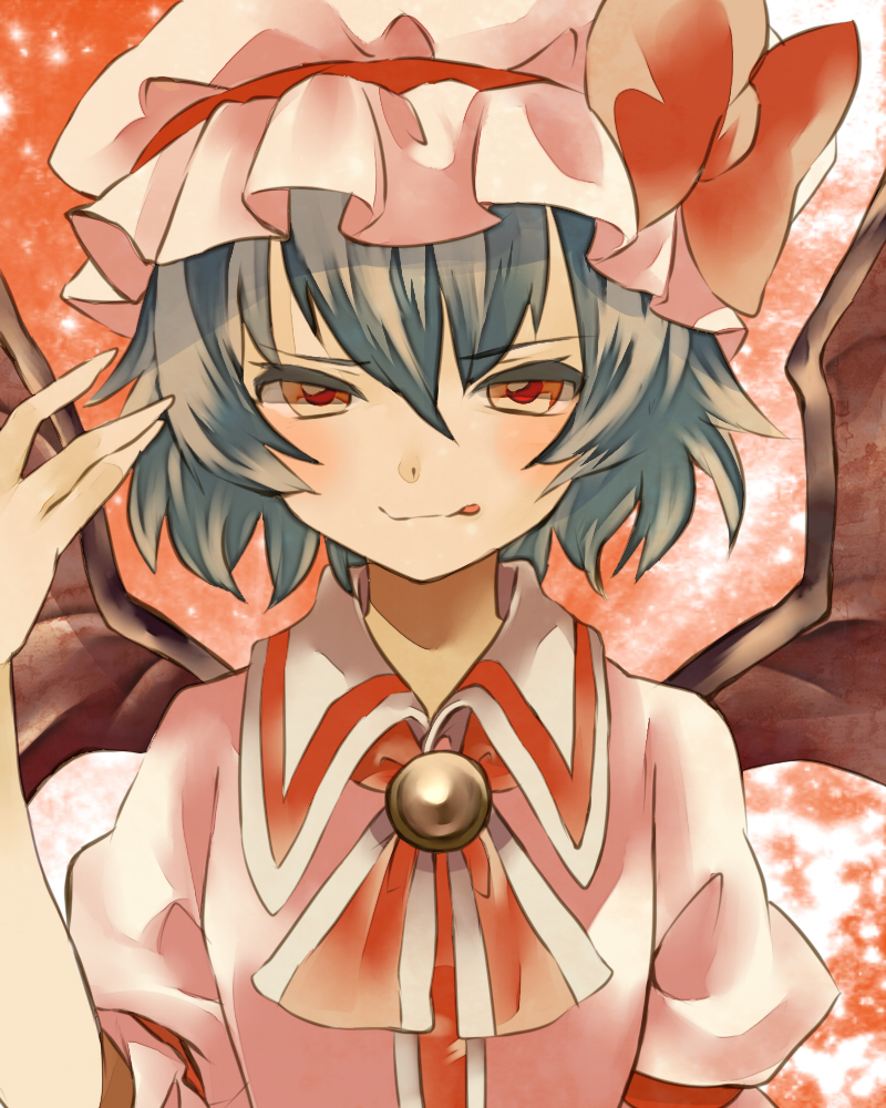 :q bat_wings blue_hair brooch dress hat jewelry pochiron red_eyes remilia_scarlet short_hair smile solo tongue tongue_out touhou wings