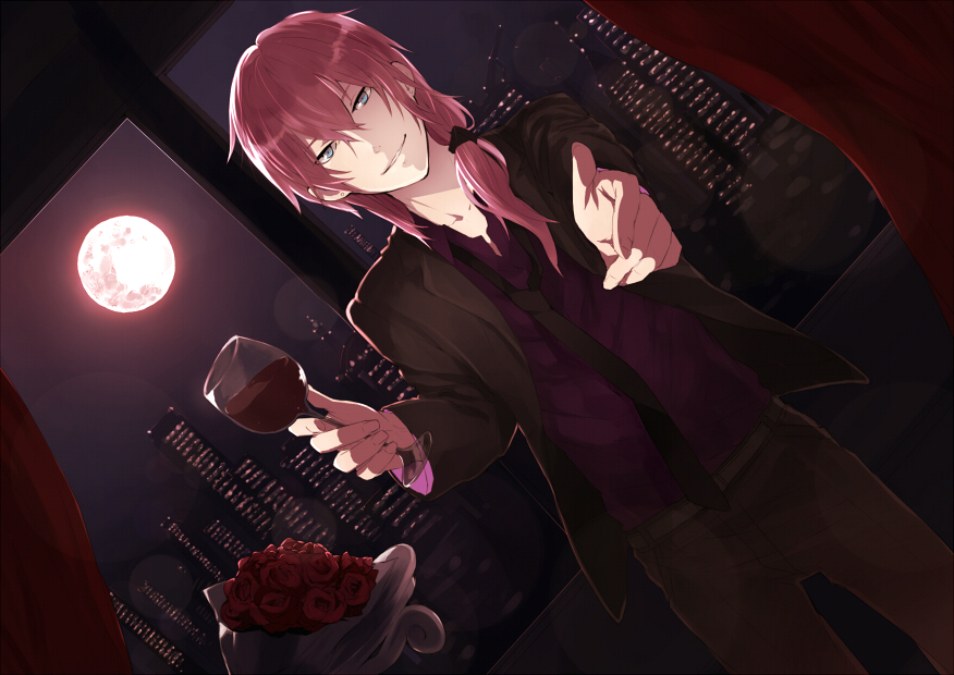 amore_(vocaloid) arms_up bad_id bad_pixiv_id blue_eyes bouquet building cup curtains drink drinking_glass dutch_angle earrings flower foreshortening formal full_moon genderswap genderswap_(ftm) glass jacket jewelry looking_at_viewer male_focus megurine_luki minoru_(mnr_akgr) moon necktie night open_clothes open_jacket outstretched_arm pants pink_hair ponytail reaching rose side_ponytail skyscraper smile solo standing vocaloid wine_glass