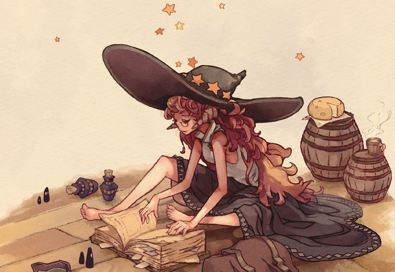 barrel book cheese drink glasses hat original red_hair witch_hat