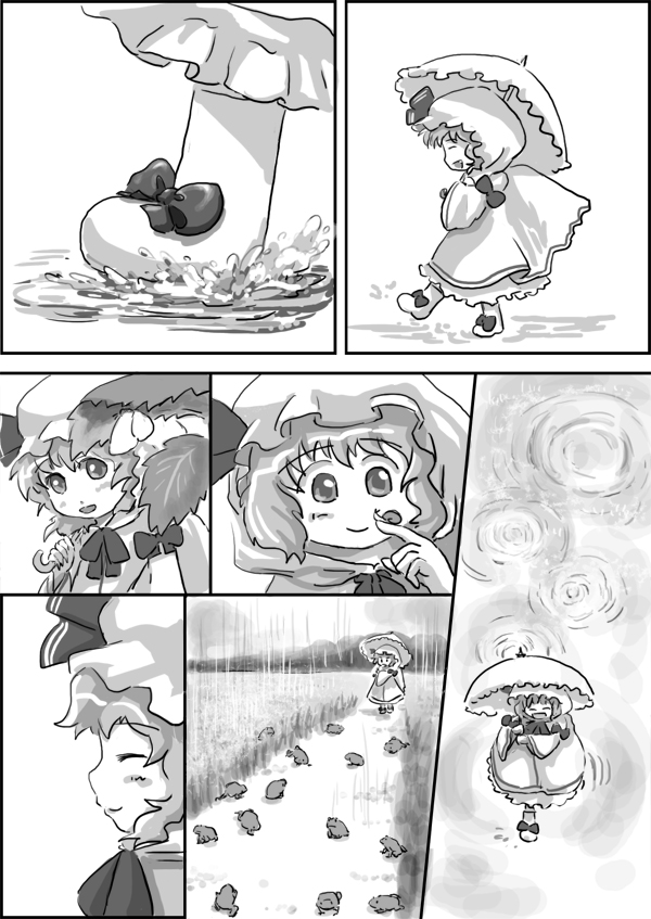^_^ bat_wings bug butterfly closed_eyes comic fang frog greyscale hat insect kana_tako monochrome open_mouth puddle rain raincoat remilia_scarlet short_hair silent_comic smile snail solo touhou umbrella wings