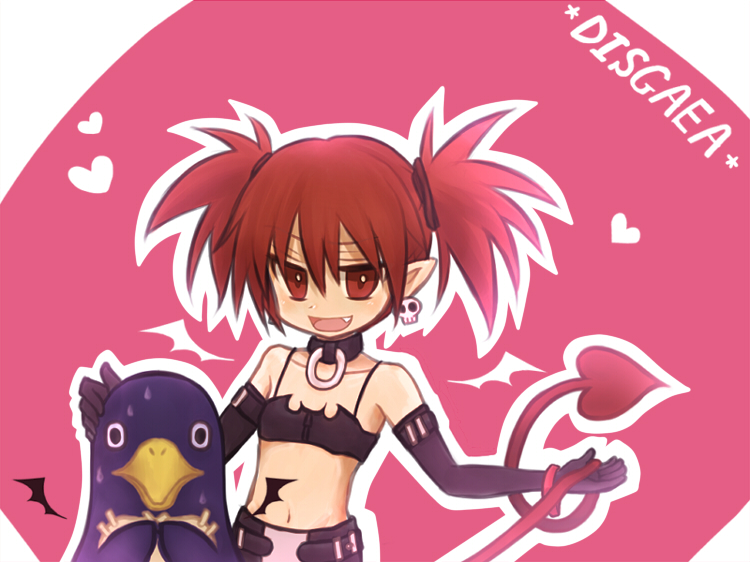 bird copyright_name demon_girl demon_tail disgaea earrings etna fang jewelry midriff navel penguin pointy_ears prinny red_eyes red_hair skull smile solo tail umeume