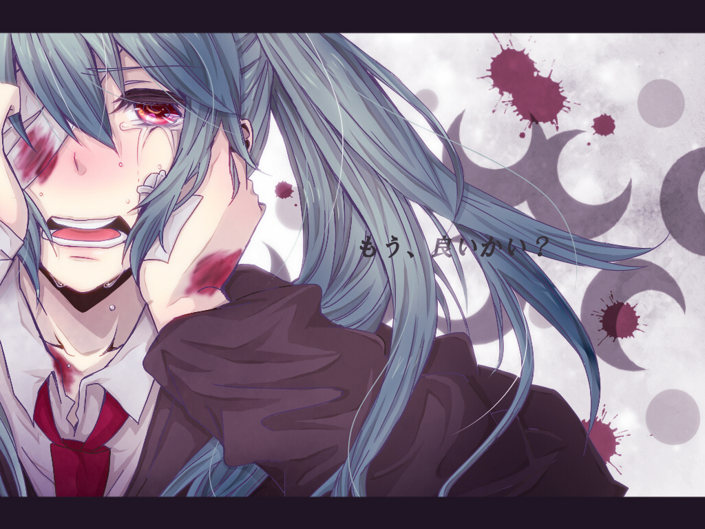 aoi_choko_(aoichoco) blue_hair colorized face gatma hands_on_own_face hatsune_miku injury letterboxed long_hair necktie open_mouth red_eyes rolling_girl_(vocaloid) tears text_focus translated vocaloid