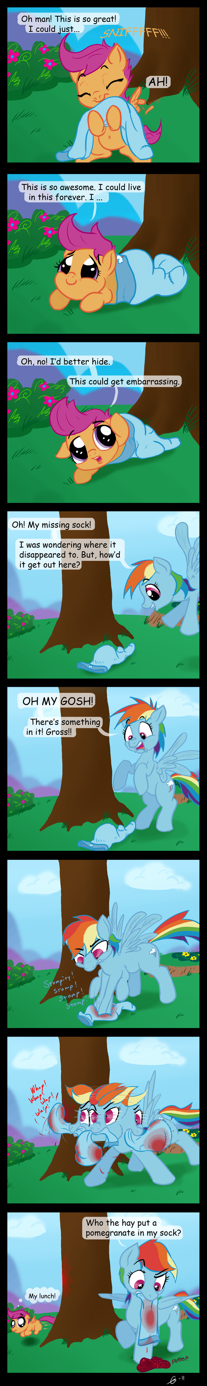 comic cub english_text equine female feral friendship_is_magic fur gavalanche hasbro horse humor humour mammal my_little_pony pegasus pomegranate pony rainbow_dash_(mlp) scootaloo_(mlp) sock socks text what_a_twist wings young