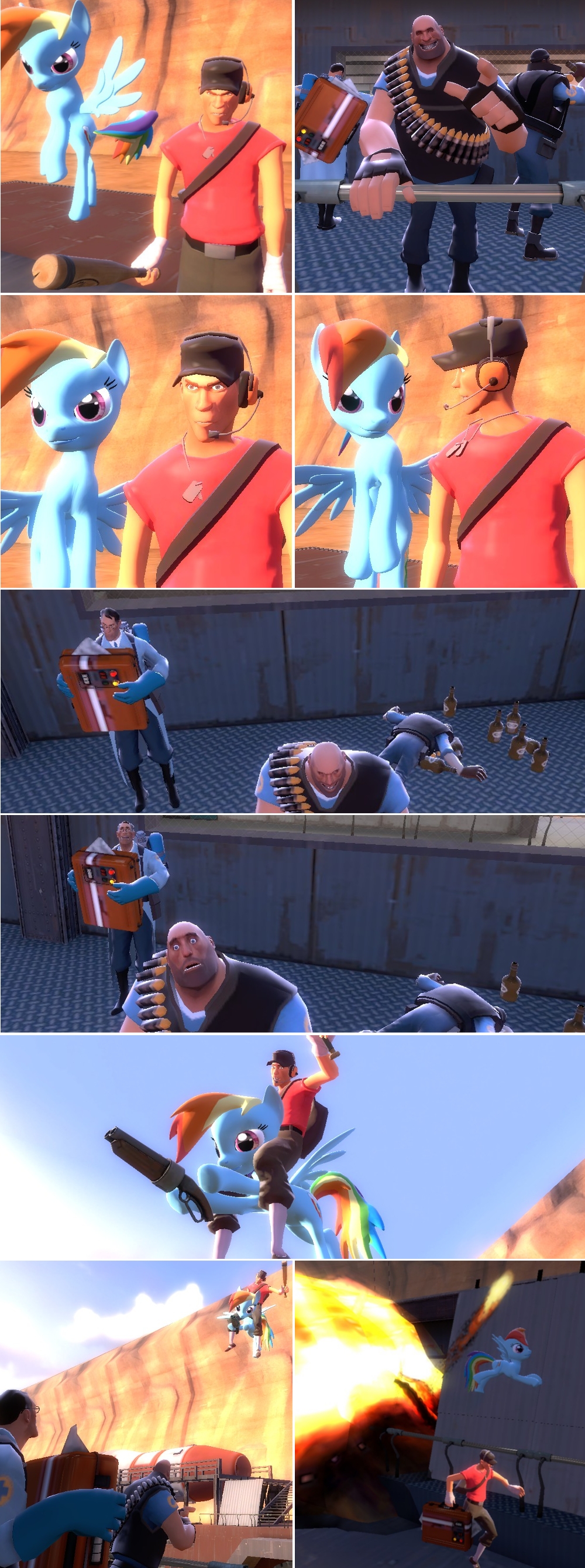 blue_fur bullets comic demoman_(team_fortress_2) equine female feral friendship_is_magic fur geronkizan gloves gmod gun hasbro heavy_(team_fortress_2) human male mammal medic medic_(team_fortress_2) my_little_pony pegasus rainbow_dash_(mlp) ranged_weapon ruining_someones_shit scout_(team_fortress_2) team_fortress_2 weapon wings