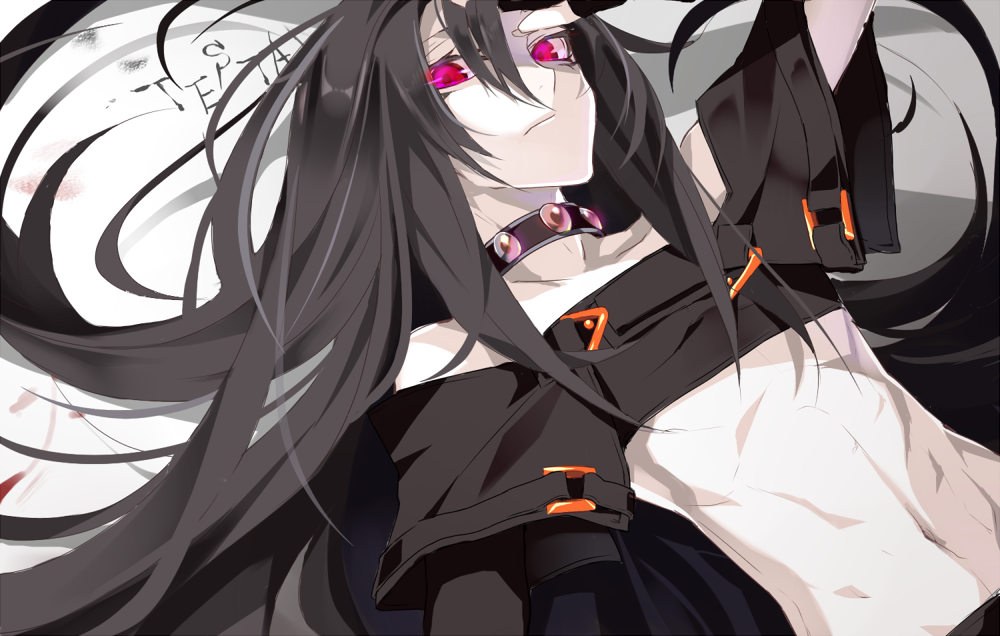 bad_id bad_pixiv_id bare_shoulders black_hair buckle choker collarbone guilty_gear hachizowo hand_in_hair long_hair looking_at_viewer lying male_focus midriff navel on_back red_eyes ribs solo testament_(guilty_gear) very_long_hair