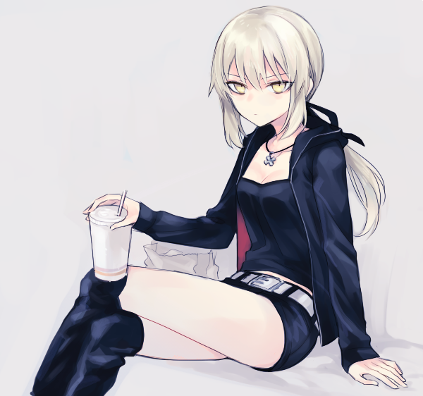 arm_support artoria_pendragon_(all) belt black_jacket black_legwear black_ribbon black_shirt black_shorts breasts cleavage crossed_legs drinking_straw fate/stay_night fate_(series) grey_background hair_between_eyes hair_ribbon holding jacket jewelry kanitama_(putyourhead) long_hair looking_at_viewer medium_breasts necklace open_clothes open_jacket ponytail ribbon saber_alter shirt short_shorts shorts silver_hair simple_background sitting solo thighhighs yellow_eyes