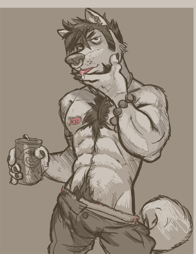 beer can canine contemplative elias looking_at_viewer male monochrome muscles piercing pubic_hair solo spookeedoo topless undressing wolf