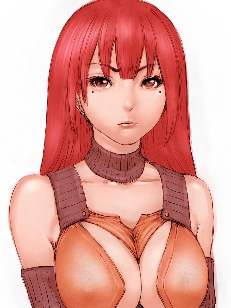 bare_shoulders breasts cleavage collar collarbone fumio_(rsqkr) large_breasts lips long_hair mole mole_under_eye original red_eyes red_hair simple_background solo upper_body