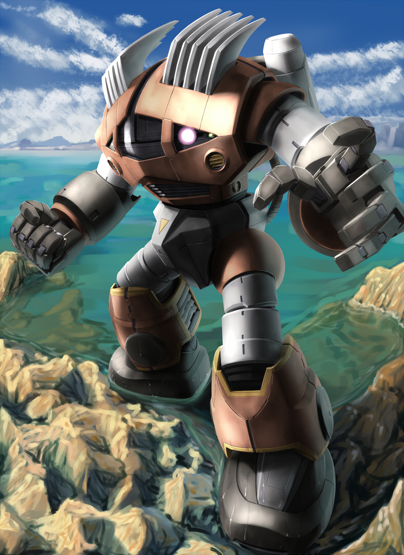 cloud day fighting_stance gundam gundam_msv mecha mobile_suit no_humans ocean oldschool perspective raybar realistic robot rock science_fiction sky solo wading water zogok