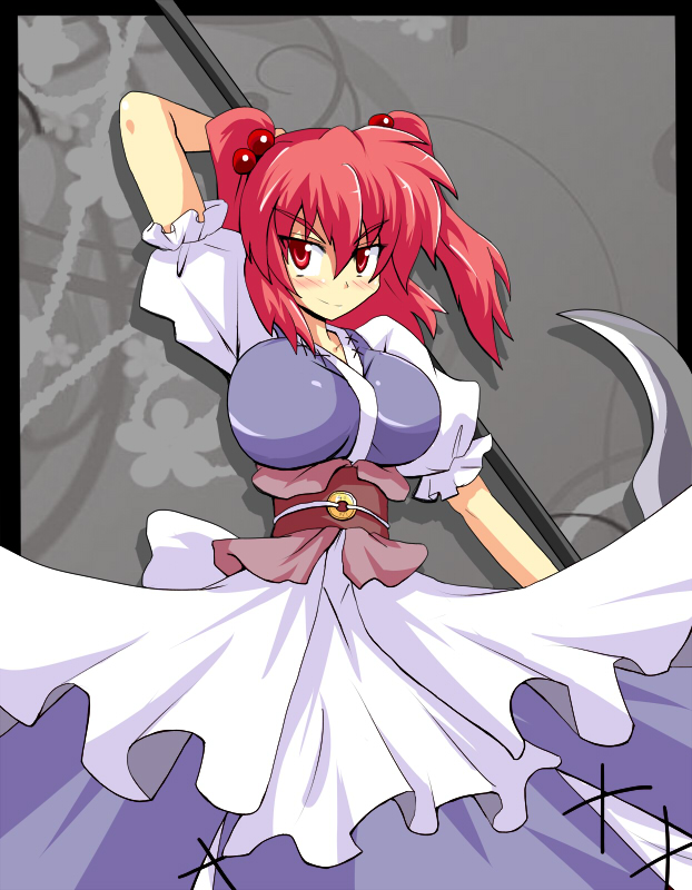 breasts coin hair_bobbles hair_ornament harukatron large_breasts obi onozuka_komachi red_eyes red_hair sash scythe solo touhou two_side_up