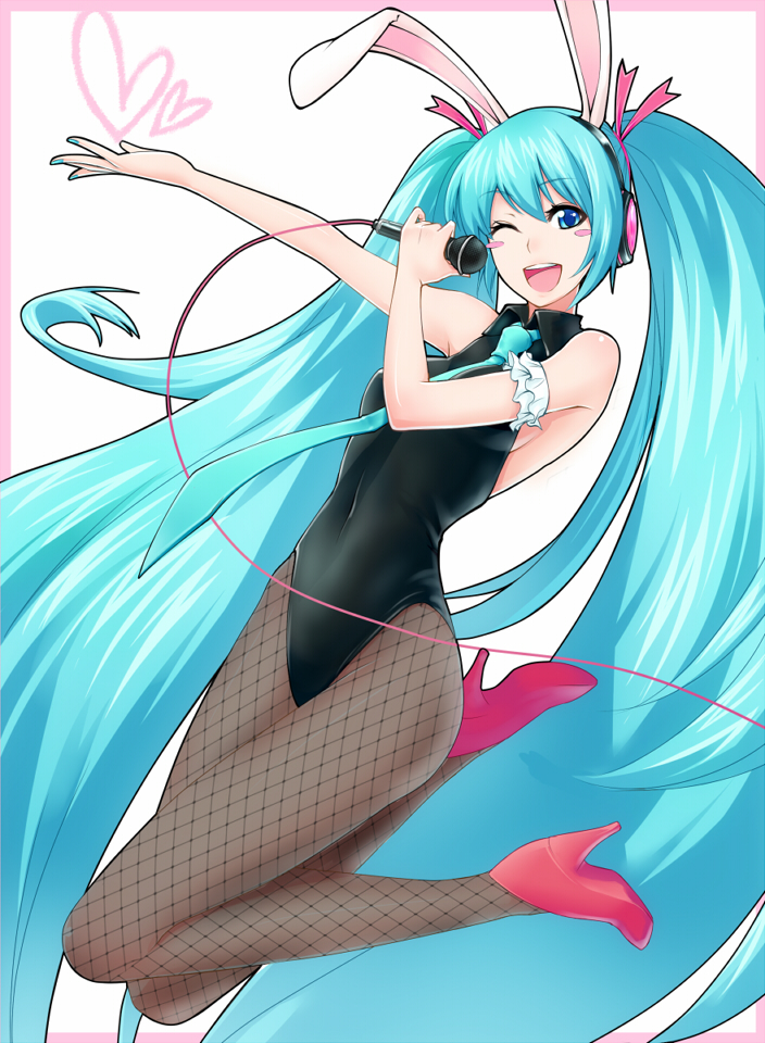 animal_ears aqua_eyes aqua_hair bad_id bad_pixiv_id bunny_ears bunnysuit fishnet_pantyhose fishnets hatsune_miku headphones high_heels long_hair microphone one_eye_closed open_mouth outstretched_arm pantyhose shoes solo twintails very_long_hair vocaloid