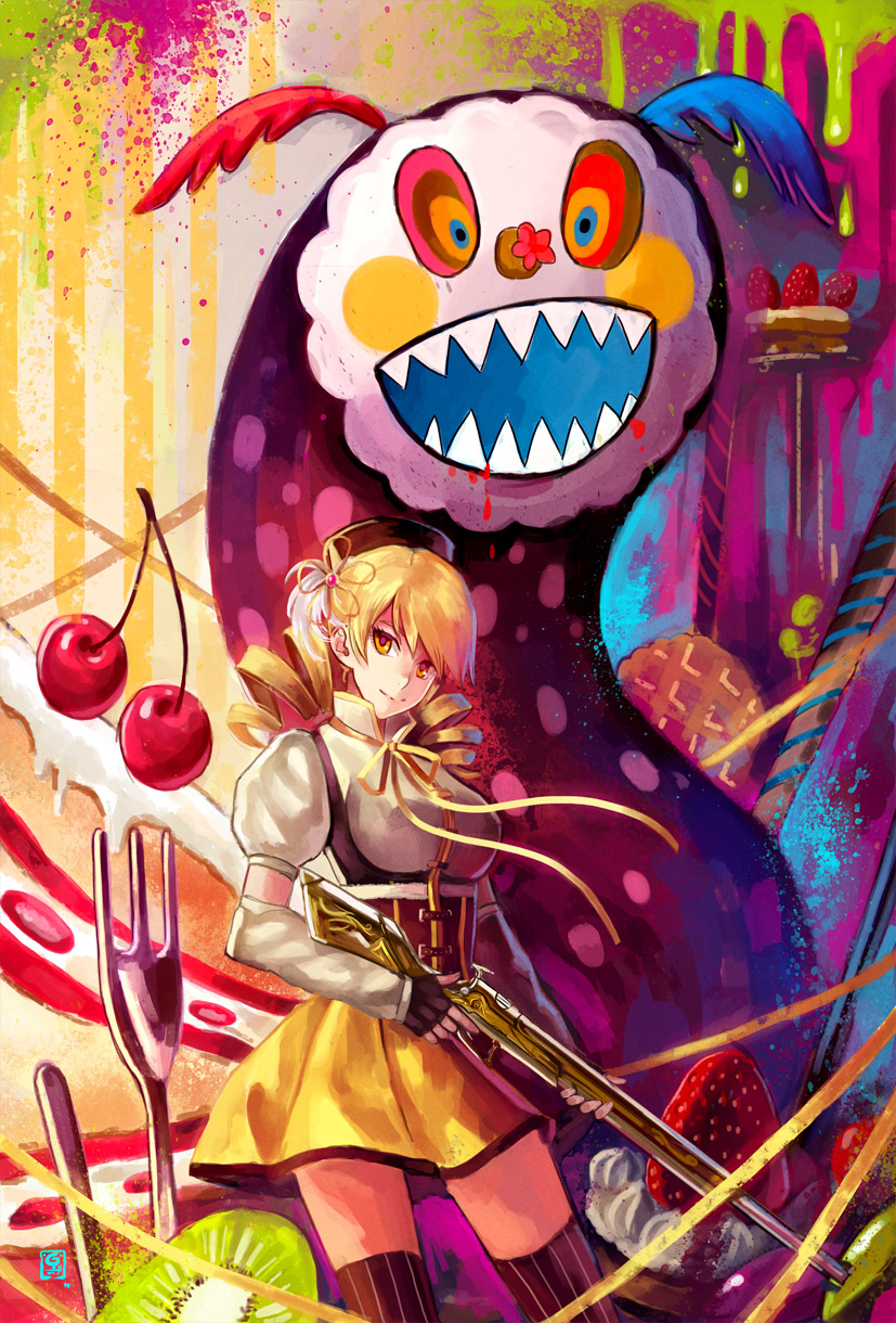 beret blonde_hair charlotte_(madoka_magica) cherry corset detached_sleeves drill_hair fangs fingerless_gloves food fork fruit gloves gun hair_ornament hat highres kiwifruit magical_girl magical_musket mahou_shoujo_madoka_magica multicolored multicolored_eyes pleated_skirt puffy_sleeves ribbon skirt smile soffa strawberry striped striped_legwear sweets thighhighs tomoe_mami twin_drills twintails vertical-striped_legwear vertical_stripes weapon yellow_eyes zettai_ryouiki