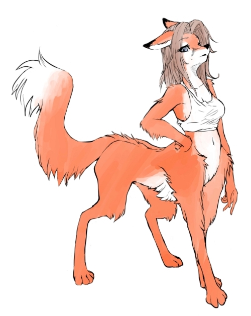 black_nose bottomless brown_hair canine clothed clothing countershading digitigrade female fox foxtaur fur grey_eyes hair half-dressed hand_on_hip long_hair looking_at_viewer mammal navel orange_fur plain_background skinny solo standing taur unknown_artist white_background white_belly
