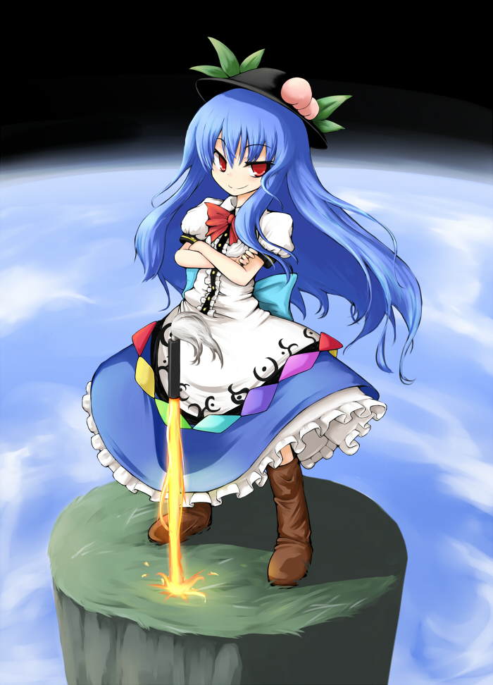 blue_dress blue_hair boots bow crossed_arms dress earth food fruit hat hinanawi_tenshi keystone long_hair nice peach red_eyes smile solo space sword_of_hisou touhou