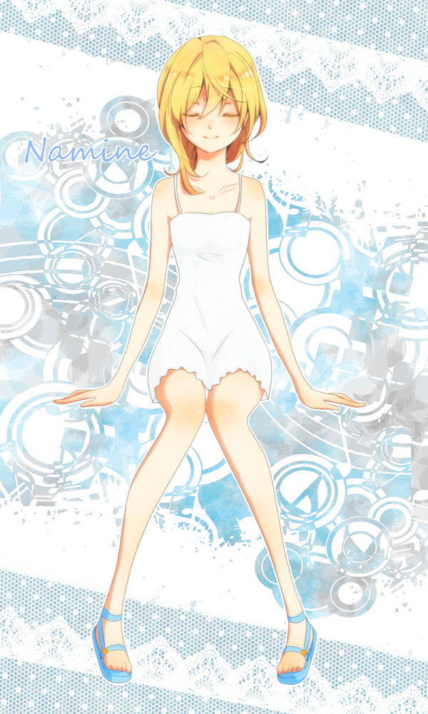 bad_id bad_pixiv_id bangs bare_arms bare_shoulders blonde_hair blue_footwear bunta01 character_name closed_eyes closed_mouth collarbone cursive dress eyebrows_visible_through_hair full_body hair_between_eyes hair_over_shoulder kingdom_hearts knees_together_feet_apart long_hair namine outline sandals short_dress sitting smile solo sundress white_dress white_outline