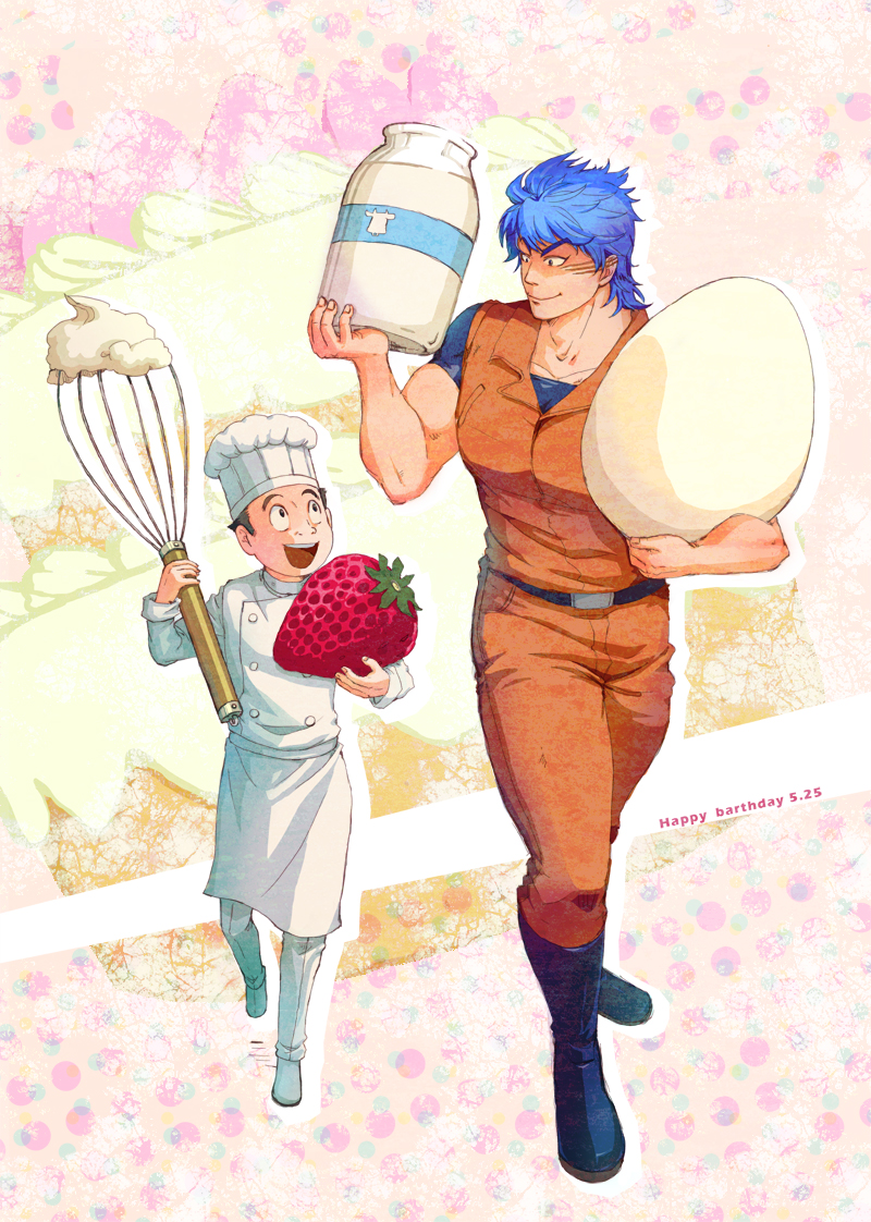 2boys black_hair blue_hair egg food fruit hat komatsu_(toriko) multiple_boys scar strawberry toriko_(series) toriko_(toriko)
