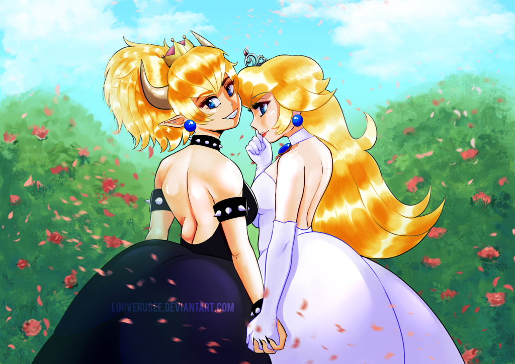 2girls armlet back backless_outfit bare_back bare_shoulders black_dress black_nails blonde_hair blue_earrings blue_eyes bowsette bracelet breasts brown_horns choker claws clenched_teeth closed_mouth collar couple crown day dress earrings elbow_gloves eyebrows_visible_through_hair fangs female flower from_behind from_side gem gloves grin hair_flaps hand_holding hand_up head_tilt highres horns interlocked_fingers interspecies jewelry large_breasts lips lipstick long_dress long_hair looking_at_another looking_at_viewer looking_back louverusee makeup mario_(series) medium_breasts monster_girl multiple_girls nail_polish neck necklace new_super_mario_bros._u_deluxe nintendo outdoors petals pink_flower plant pointy_ears ponytail princess_peach red_lipstick sapphire_(stone) shiny shiny_hair short_hair smile spiked_armlet spiked_bracelet spiked_collar spikes standing strapless strapless_dress super_crown super_mario_odyssey teeth wedding wedding_dress white_choker white_dress white_gloves yuri