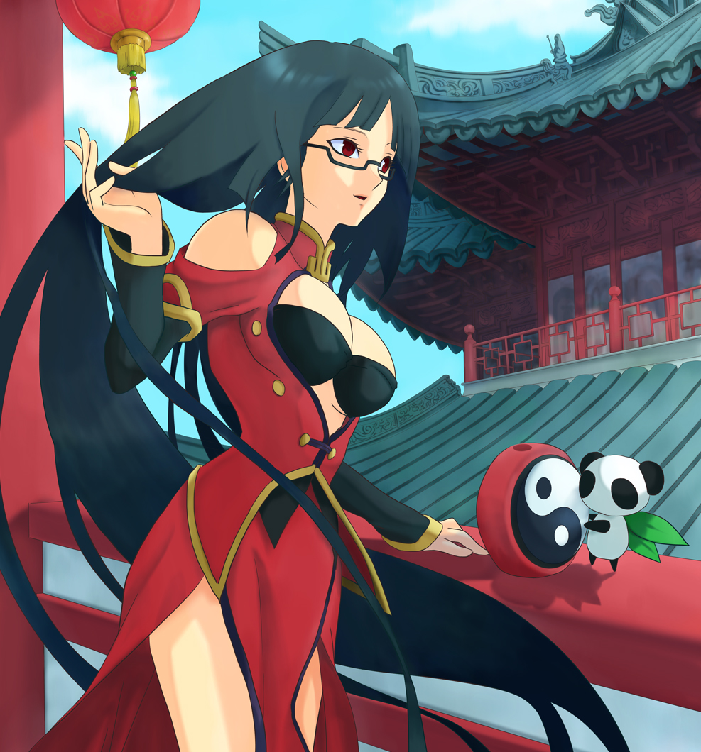 black_hair blazblue breasts glasses lao_jiu litchi_faye_ling long_hair medium_breasts natsunuts pagoda panda red_eyes smile solo very_long_hair yin_yang