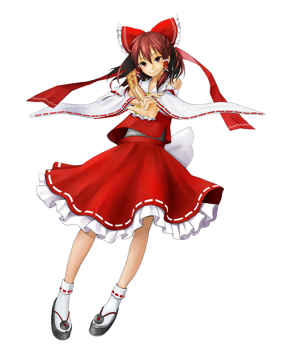 bad_id bad_pixiv_id bow brown_eyes brown_hair detached_sleeves foreshortening hair_bow hakurei_reimu hands higenagi highres smile solo talisman touhou