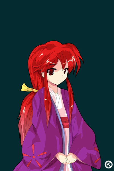 alphes_(style) japanese_clothes kaoru_(gensou_yuugen-an) kotohime long_hair parody red_eyes red_hair sidelocks solo style_parody touhou touhou_(pc-98) upper_body