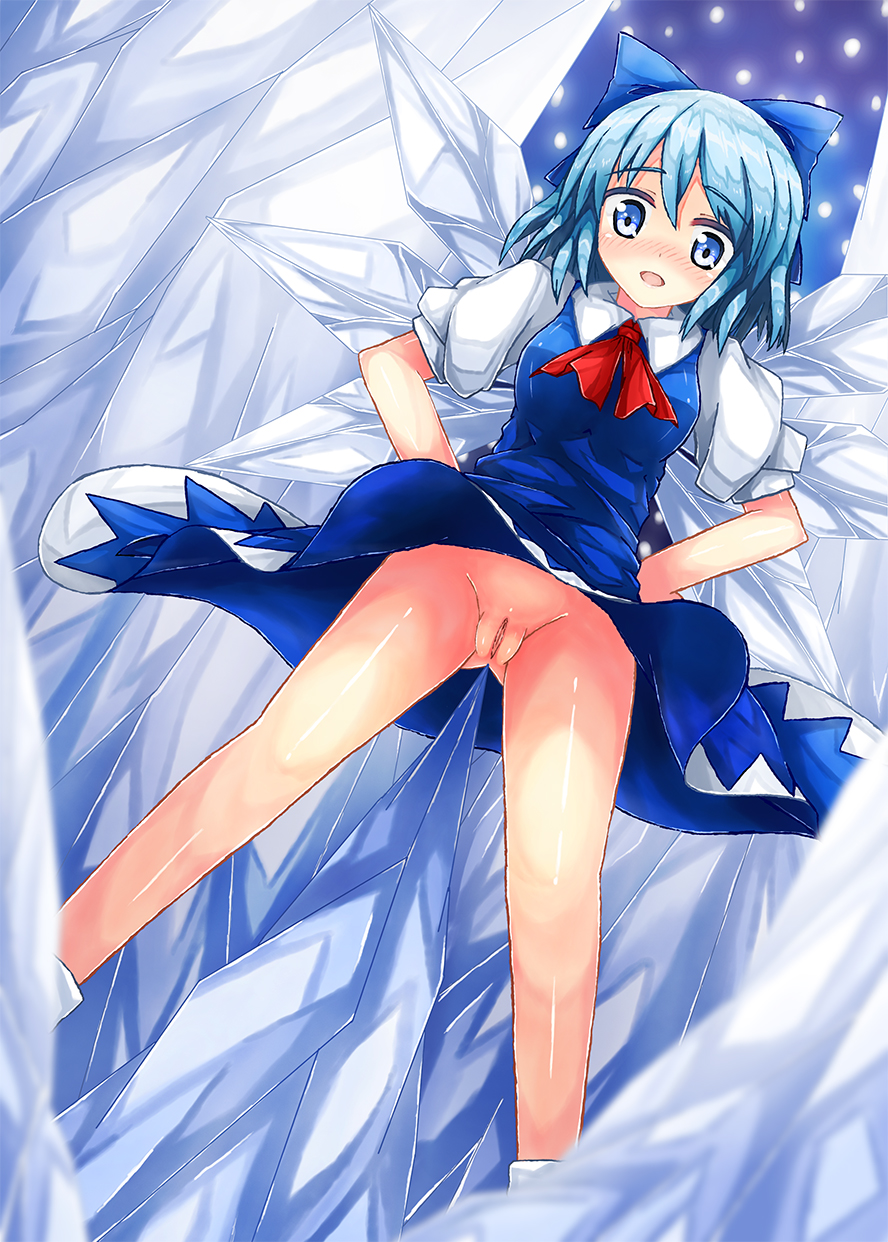 90i blue_eyes blue_hair blush bow cirno dress from_below hair_bow hands_on_hips highres ice ice_wings no_panties pussy short_hair solo touhou wings