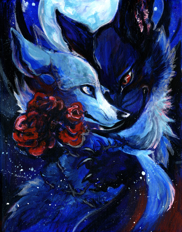 ambiguous_gender blue blue_fur blue_theme canine flower fur mammal moon night outside rose skulldog