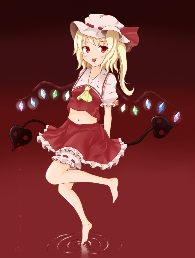 :p bad_id bad_pixiv_id bare_legs barefoot blonde_hair blood blood_on_face flandre_scarlet goro hat navel red_eyes side_ponytail solo tongue tongue_out touhou wings