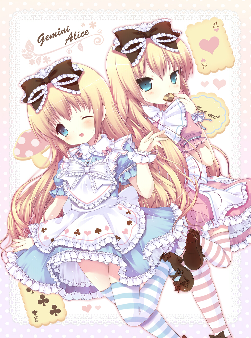 ;d ace bad_id bad_pixiv_id blonde_hair blue_eyes blush bow card checkerboard_cookie club_(shape) cookie diamond_(shape) dress food frilled_dress frills hair_bow heart highres mouth_hold multiple_girls mushroom one_eye_closed open_mouth original playing_card playing_card_theme sakura_puchirou smile striped striped_legwear thighhighs wrist_cuffs