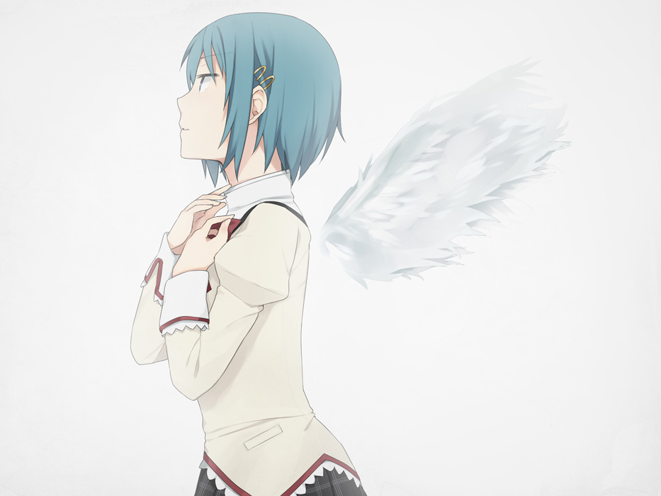 angel_wings blue_eyes blue_hair hair_ornament hairclip mahou_shoujo_madoka_magica miki_sayaka school_uniform short_hair simple_background solo tsuzuya_(knt31) white_background wings