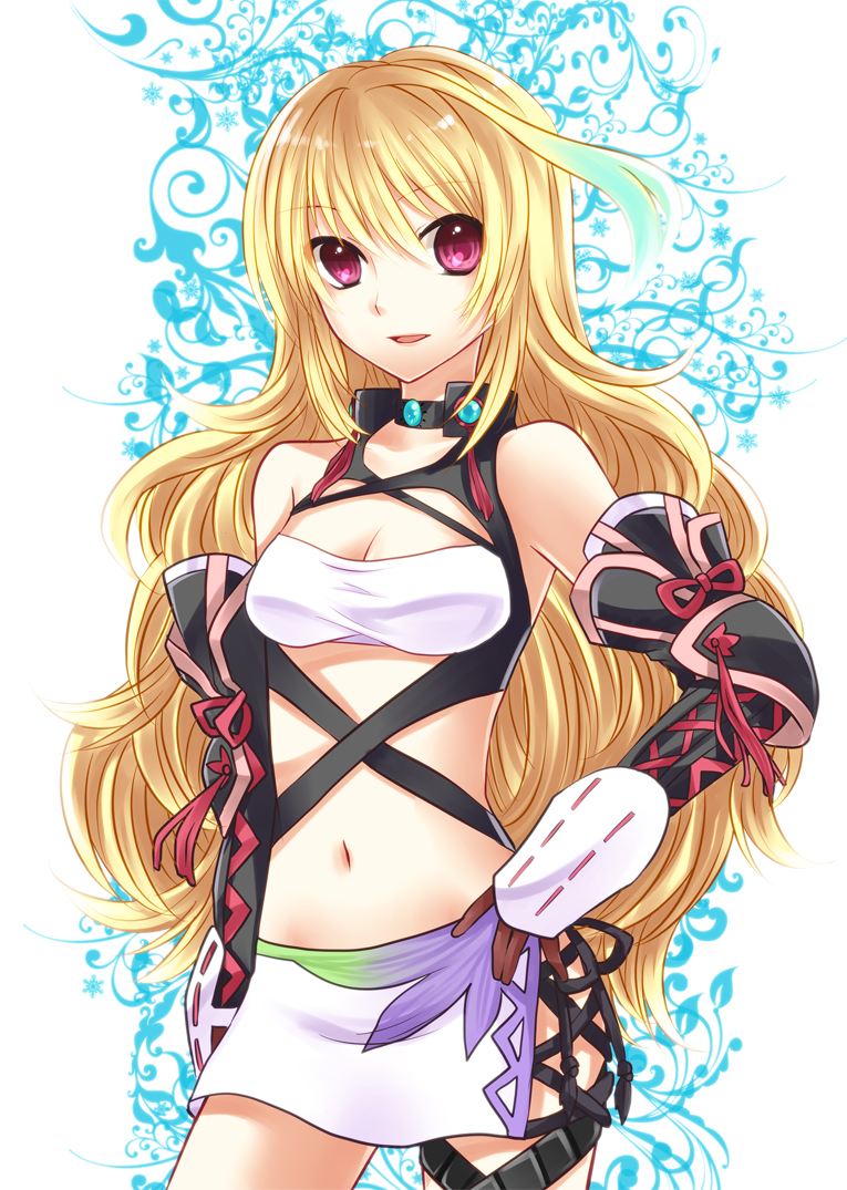 bare_shoulders blonde_hair breasts choker cleavage gloves gradient_hair green_hair hand_on_hip long_hair medium_breasts milla_maxwell multicolored_hair navel red_eyes skirt solo tales_of_(series) tales_of_xillia two-tone_hair yayoi_(egoistic_realism)