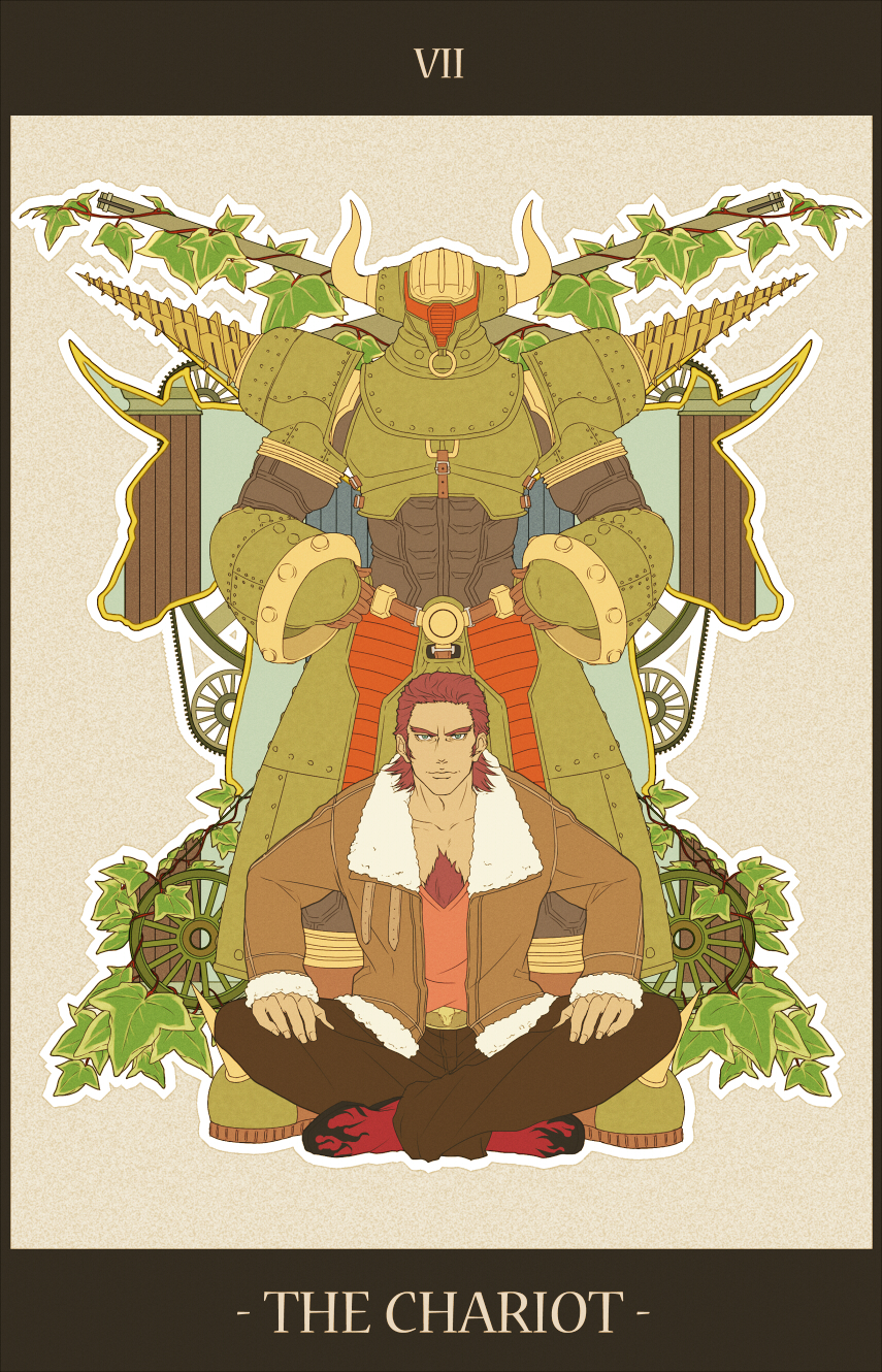antonio_lopez brown_hair chest_hair dark_skin dark_skinned_male drill dual_persona green_eyes hands_on_hips highres horns indian_style jacket male_focus multiple_boys power_armor ramta rock_bison sitting superhero tarot the_chariot tiger_&amp;_bunny