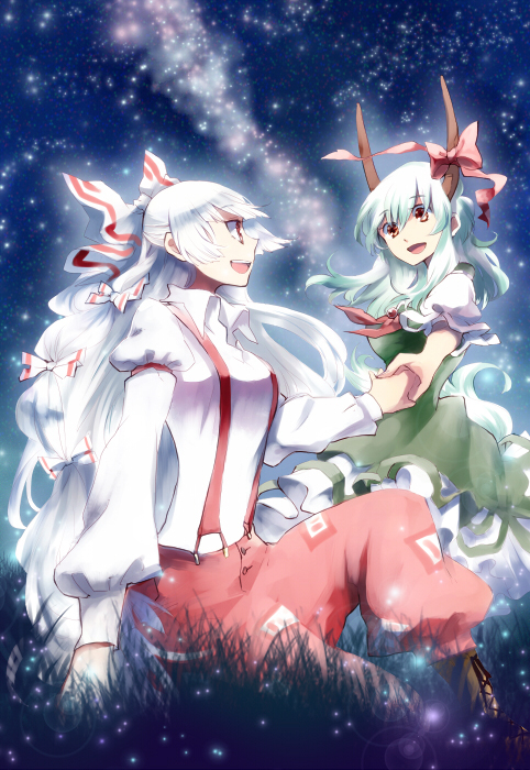 :d ascot bow fujiwara_no_mokou grass green_hair hair_bow hair_ribbon holding_hands horn_ribbon horns kamishirasawa_keine long_hair multiple_girls night night_sky open_mouth red_eyes ribbon shinoasa sky smile star_(sky) starry_sky suspenders tail touhou very_long_hair white_hair