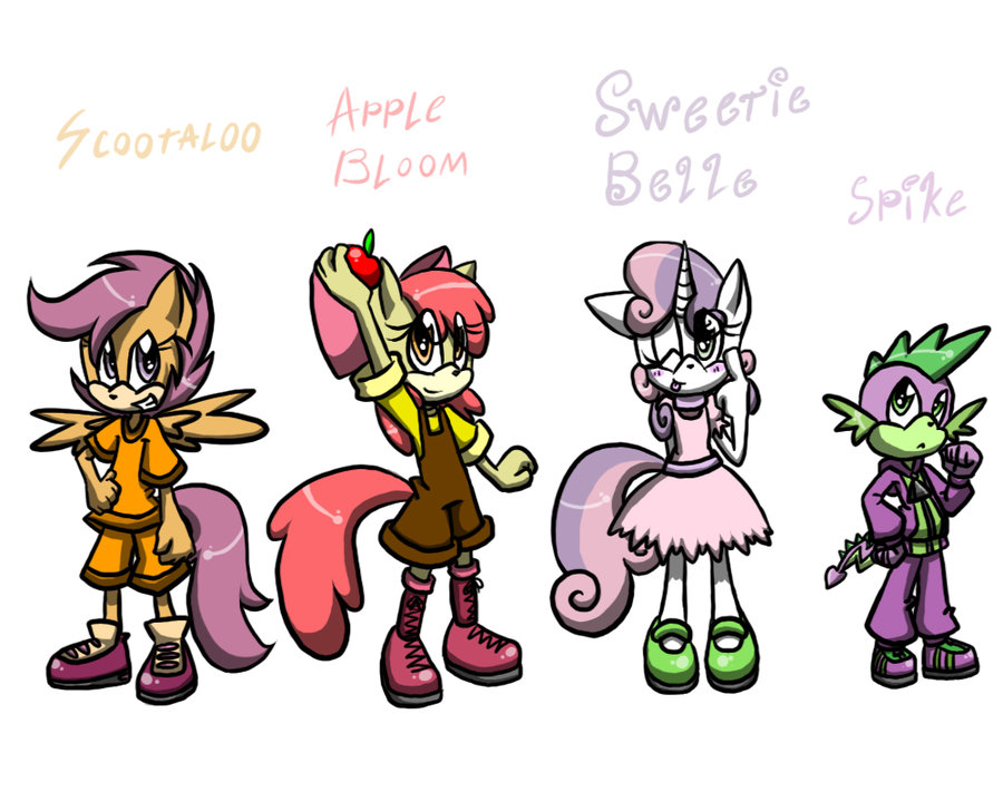 anthro applebloom_(mlp) cutie_mark cutie_mark_crusaders_(mlp) friendship_is_magic hasbro my_little_pony scootaloo_(mlp) sonic_style spike_(mlp) why_does_it_work young