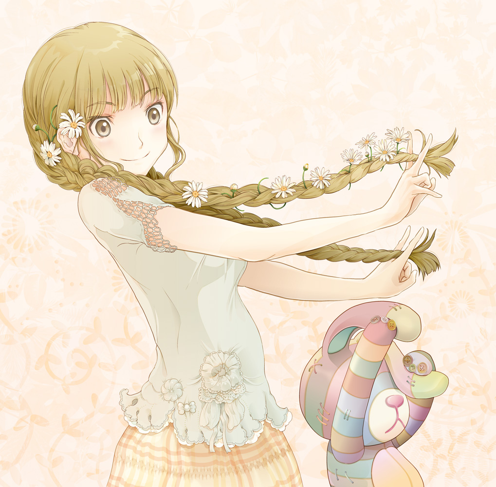 \m/ blush braid brown_eyes brown_hair character_request copyright_request flower hair_flower hair_ornament hair_over_shoulder long_hair otoufu plaid plaid_skirt skirt smile solo stuffed_animal stuffed_toy twin_braids twintails v