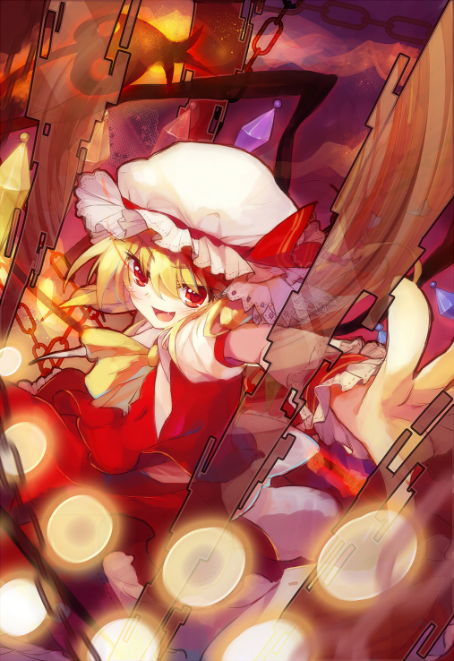 ascot blonde_hair chain danmaku fang flandre_scarlet foreshortening hat laevatein open_mouth outstretched_arms outstretched_hand red_eyes shirt skirt smile solo spread_arms touhou wings yayin_(yayin233)
