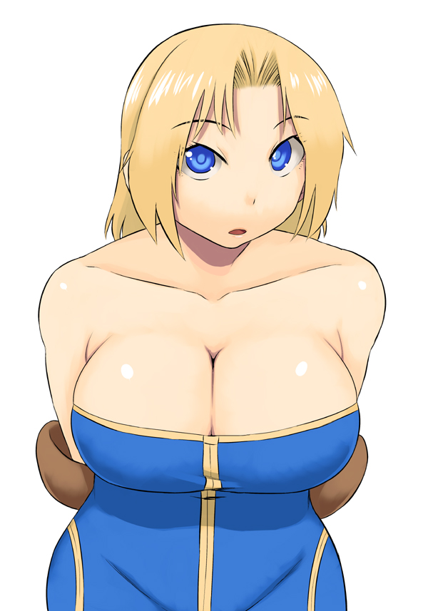 arms_behind_back bad_id bad_pixiv_id bare_shoulders blonde_hair blue_eyes breasts collarbone final_fantasy final_fantasy_tactics large_breasts leaning_forward looking_at_viewer monk_(fft) open_mouth simple_background skindentation solo tsukudani_(coke-buta) white_background